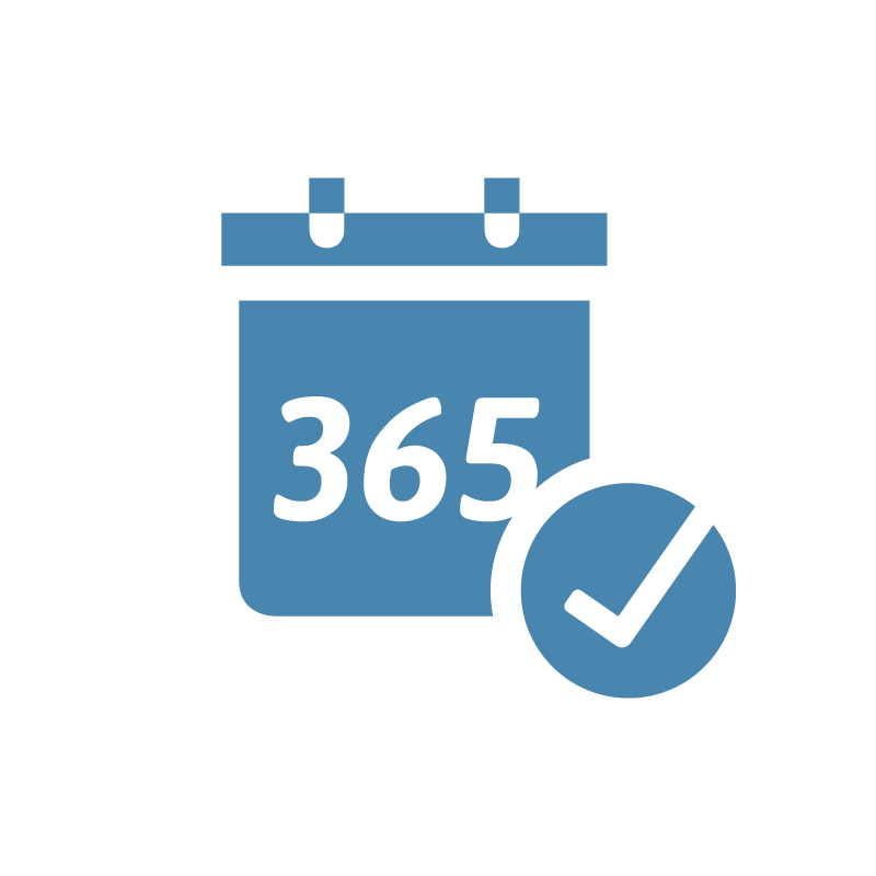 ein Icon das ganzjährige Beschäftigung symbolisiert: ein Kalenderblatt mit der Zahl 365, daneben ein Kreis mit einem Häkchen