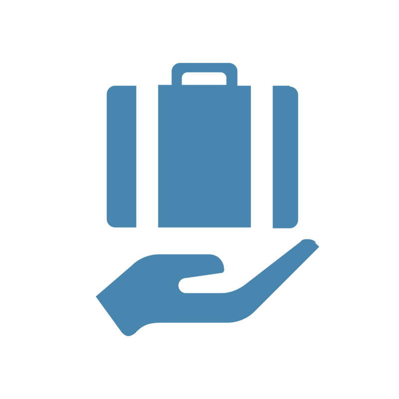 Ein Icon, das Unterstützung beim Umzug symbolisiert: ein Koffer, darunter einer helfende Hand.