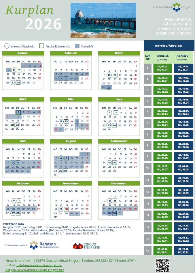 Der Kurplan 2026 der Ostseeklinik Zingst: ein Jahreskalender mit markierten Terminen.