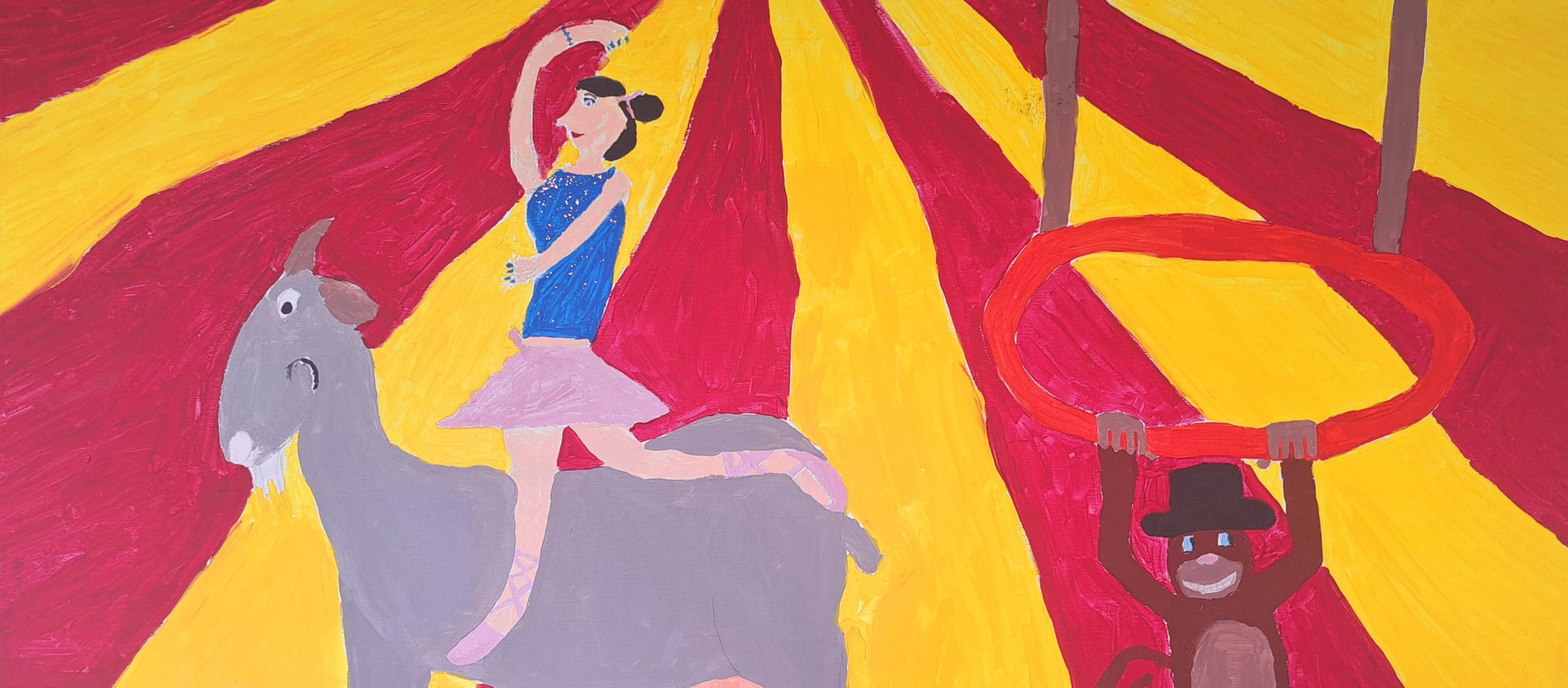 Kindergemälde einer Zirkusszene: Links turnt eine Frau turnt auf einer pferdgroßen Ziege, rechts turnt ein Affe an einem Turnring. Der Hintergrund ist fächerartig rot und gelb gestreift.