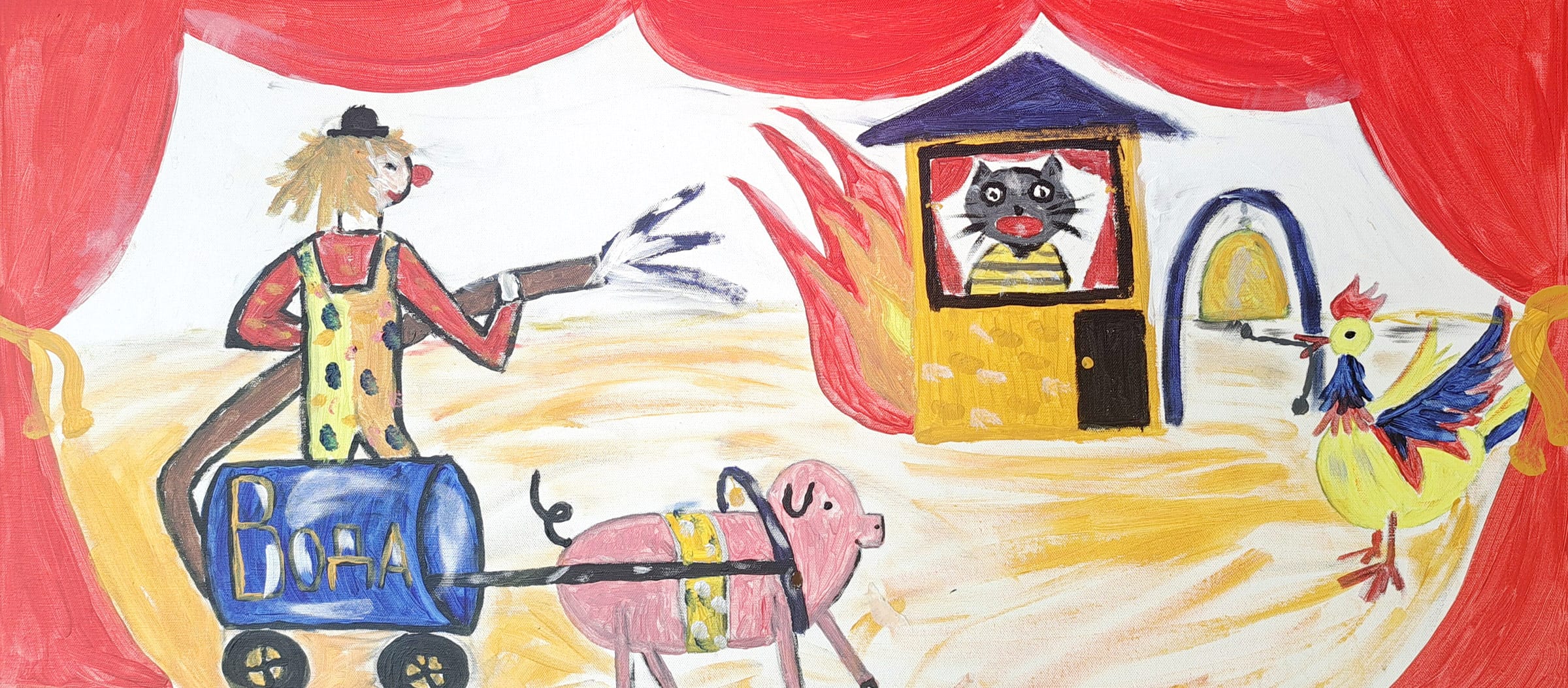 Farbenfrohes Kindergemälde: Zirkusszene mit Clown, der brennendes Haus löscht. Schwein zieht Wasserfass, Katze schaut aus dem Haus, Hahn läutet eine Glocke.
